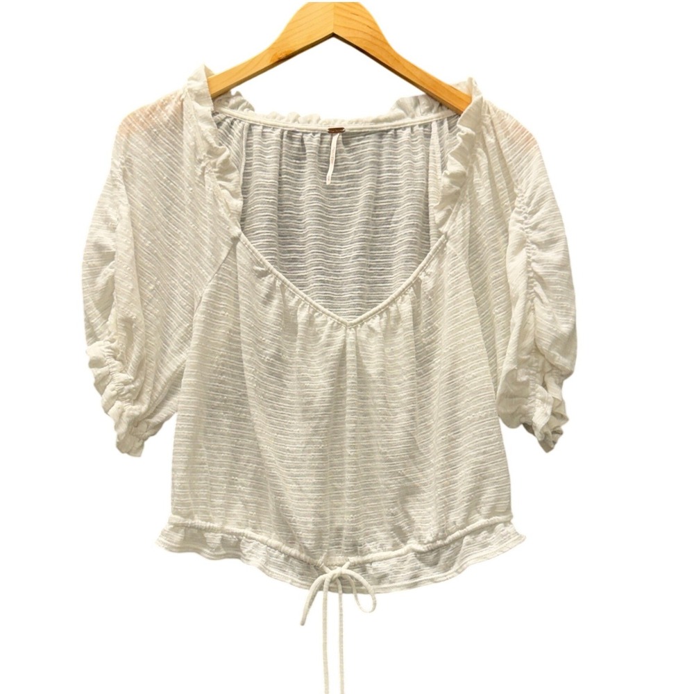 Free People Dorothy Top Womens Medium Ruffle Neck Puff Sleeve White Peasant Boho